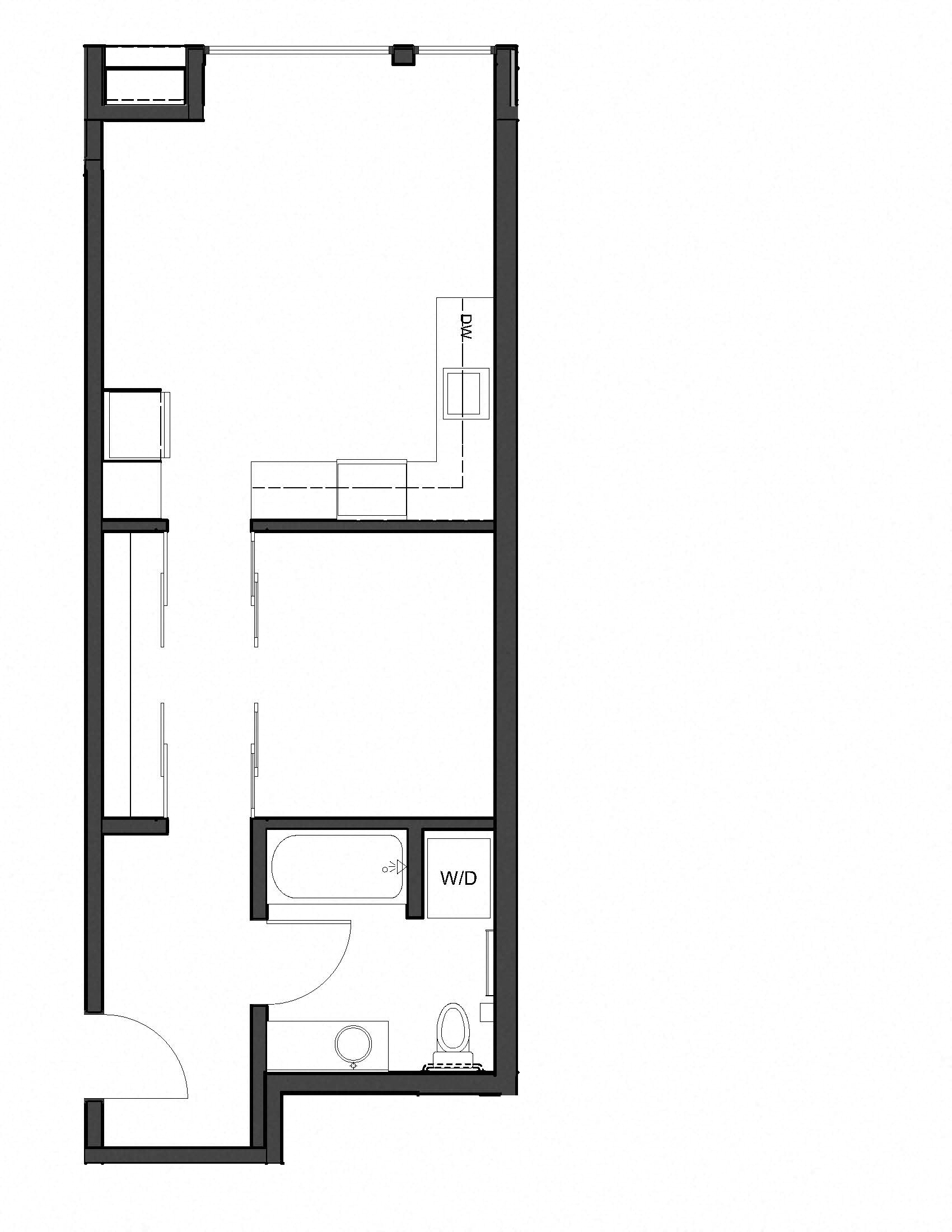 Floor plan for 1 bed, 1 bath, 581 sqft